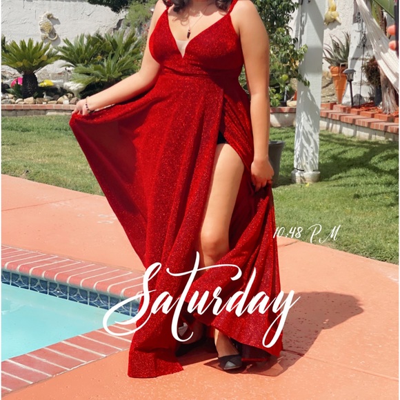 Women's Glittery Spaghetti V-Neck Dress Long Side Split Formal Evening Gown - Picture 2 of 4